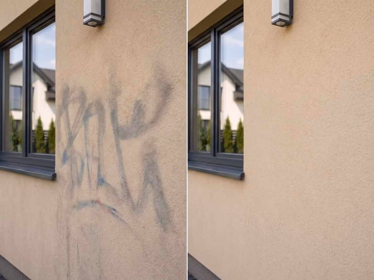Tynk przed i po usunięciu graffiti — bez cieni i widm