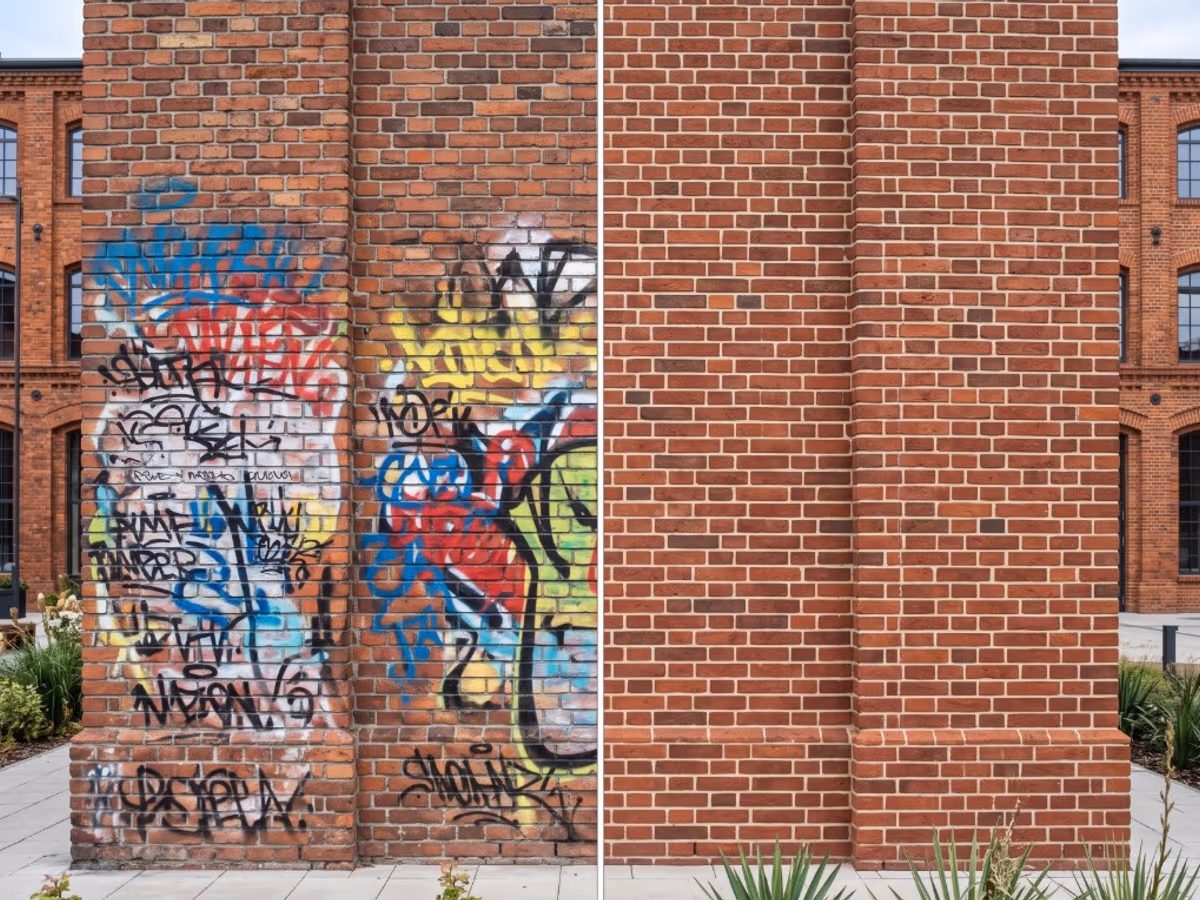 Ceglana elewacja przed i po usunięciu graffiti — napisy i tagi