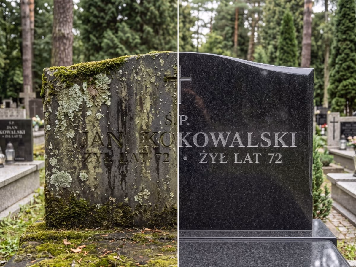Nagrobek przed i po usunięciu mchu i glonów z granitu