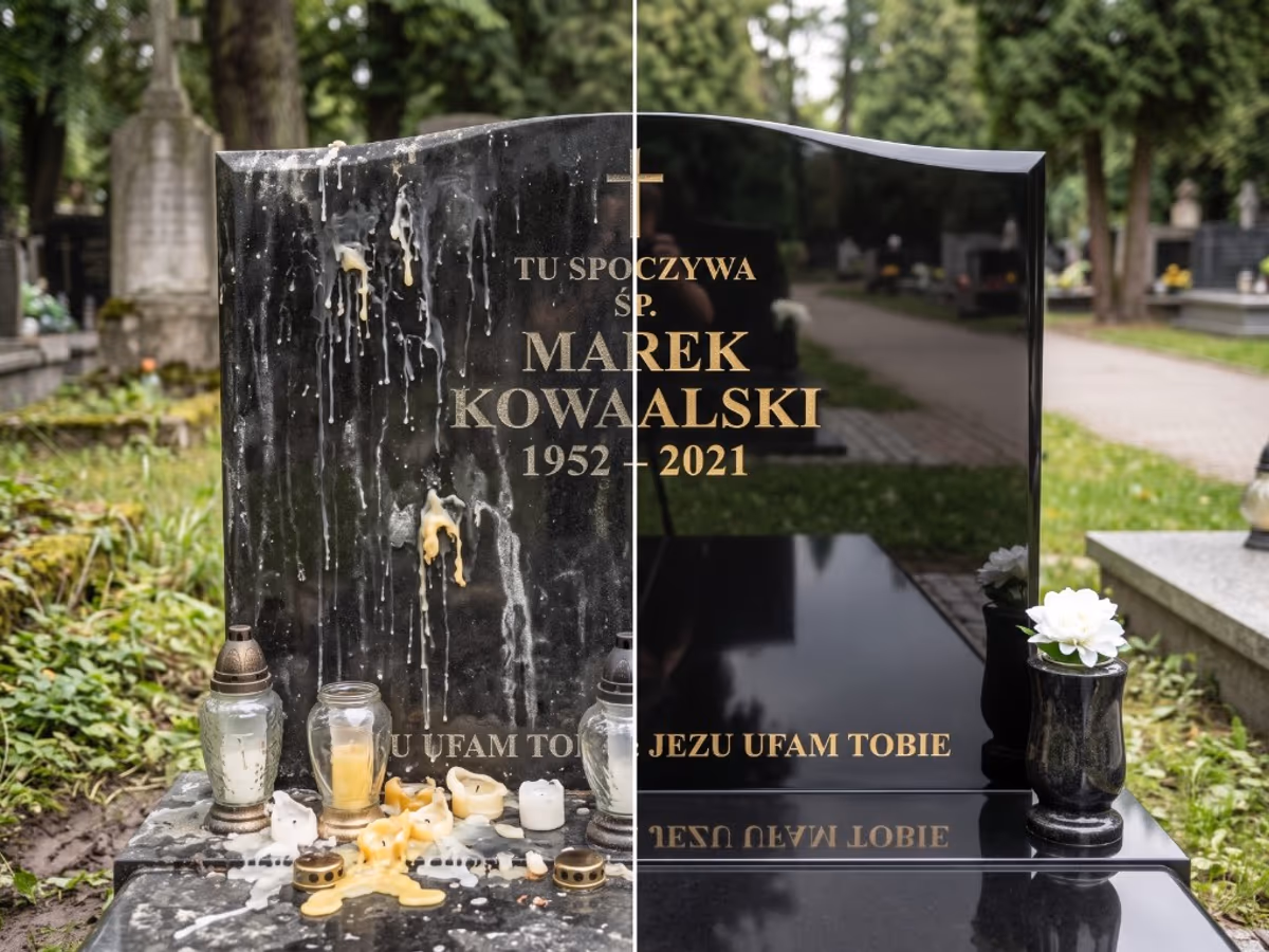 Nagrobek przed i po usunięciu wosku ze zniczy