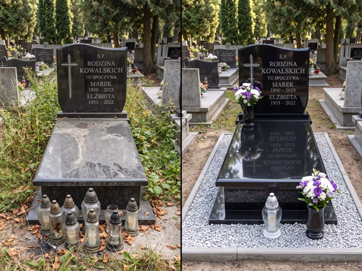 Nagrobek przed i po uporządkowaniu, myciu i impregnacji