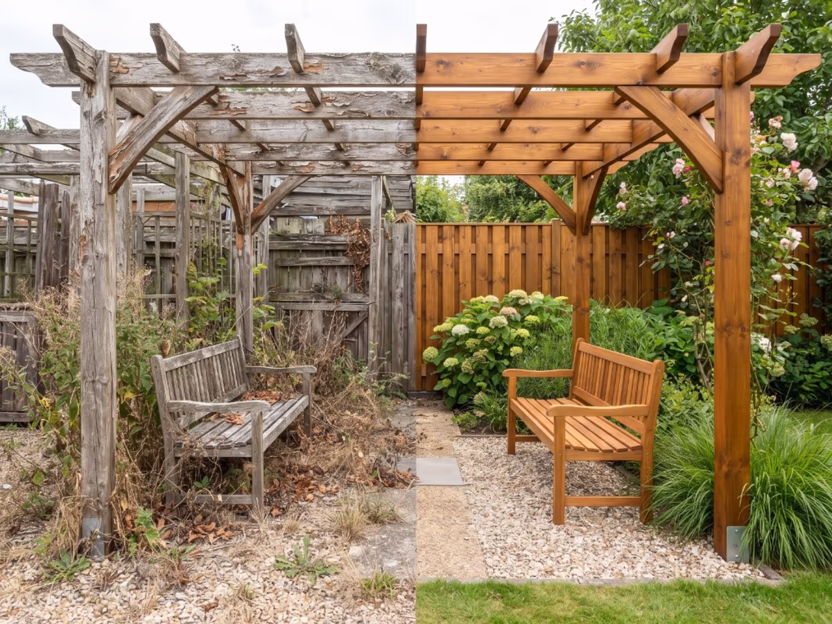 Pergola i drewno ogrodowe przed i po odnowieniu