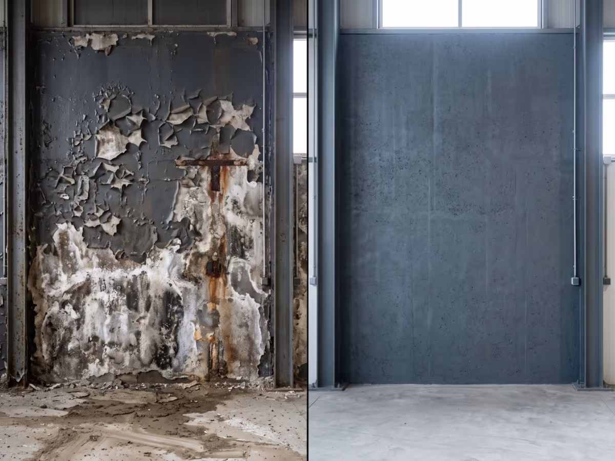 Ściana przed i po usunięciu odspajających się powłok malarskich