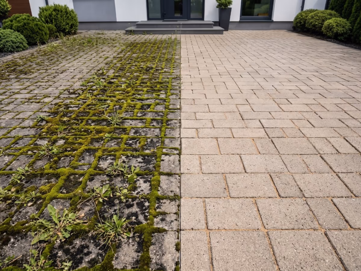 Kostka brukowa przed i po usunięciu mchu, porostów i chwastów z fug
